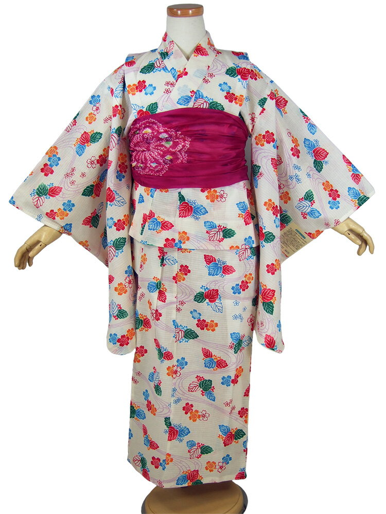 子供浴衣（単品）・キッズ浴衣【130cm・9〜10歳用】紅型タイプ「流水に桐と桜（白）」【メール便での発送はできません】【10P22Jul14】