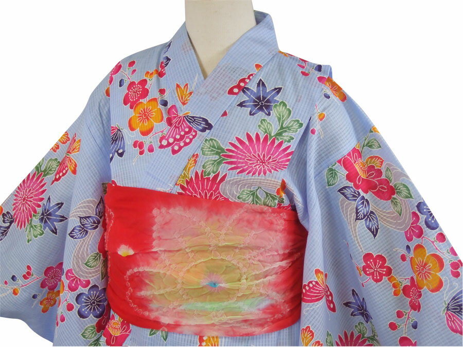子供浴衣（単品）・キッズ浴衣・女の子【120cm・7〜8歳用】紅型タイプ「花と蝶（水色）」【メール便不可】【10P22Jul14】