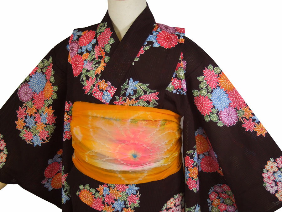 子供浴衣（単品）・キッズ浴衣・女の子【120cm・7〜8歳用】紅型タイプ「花紋（黒）」【メール便不可】【10P22Jul14】