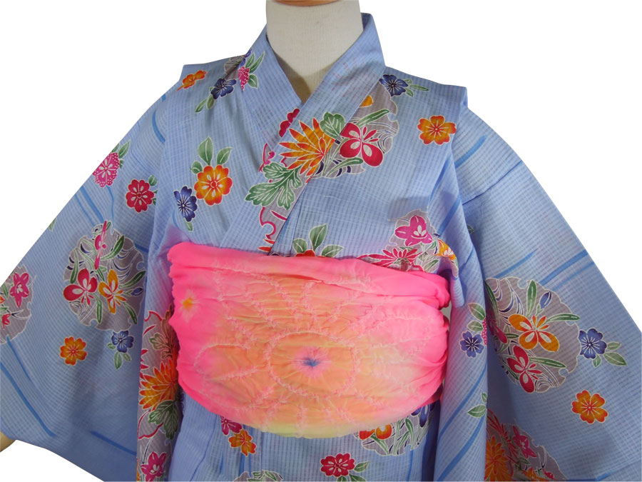 【売りつくしセール】子供浴衣(単品)・キッズ浴衣・女の子【120cm・7?8歳用】紅型タイプ「雪輪に花(水色)」【クロネコDM便での発送はできません】【10P29Jul16】