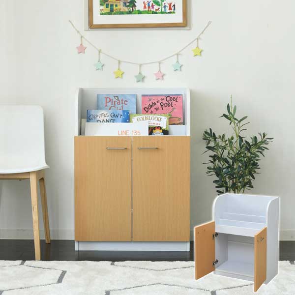 絵本棚 カウンター下収納 3段 幅60cm 高さ85cm キャビネット 扉付 絵本ラック カウンター下 子供部屋 ジュニア家具 FDK-0001-JK