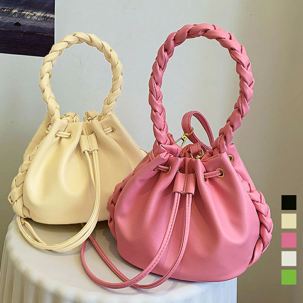 コンパクト 韓国手提げバッグ ハンドバッグ オフィスカジュアル 編み持ち手 PUレザーバケツバック 巾着バック レディース