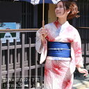 浴衣 レディース セット レトロ 綿麻浴衣3点セット 「アイボリーに赤と青の花火」