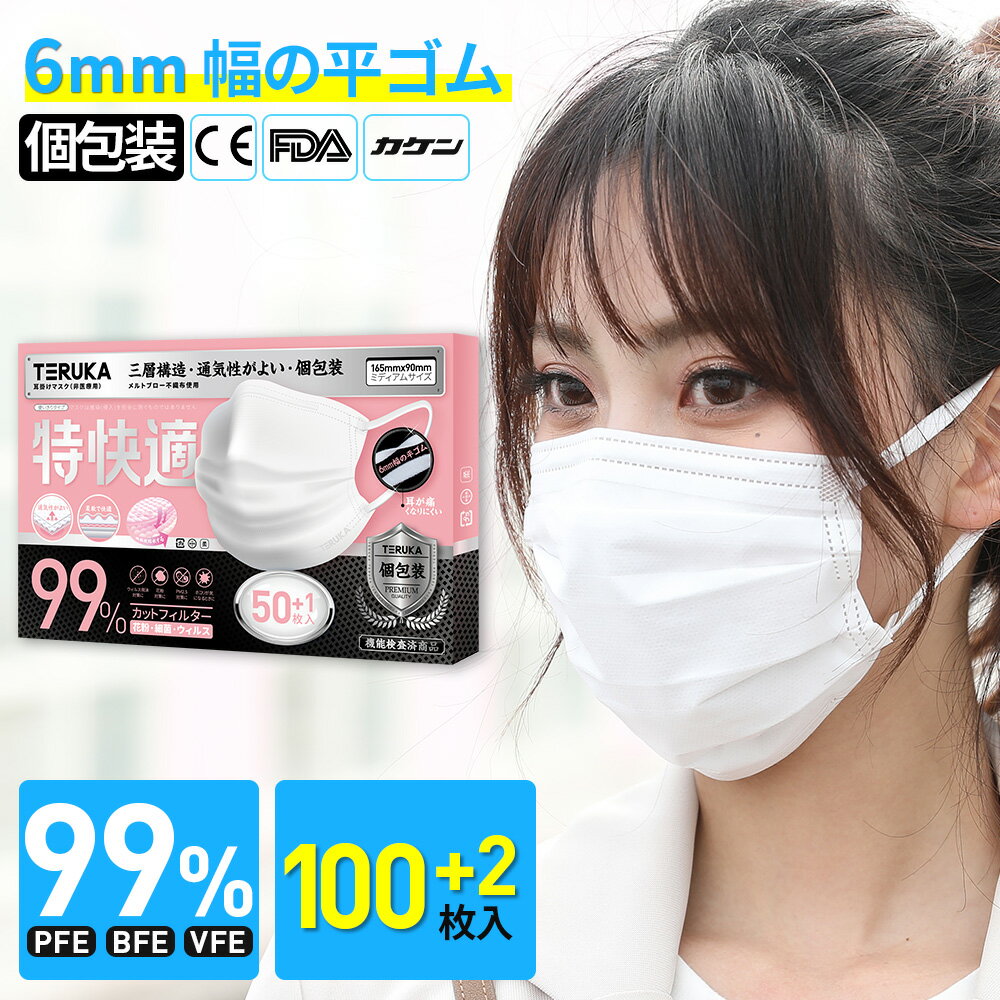 【3日以降に発送】TERUKA 使い捨てマスク 在庫あり 100枚+2枚 個包装 165mm 中間サイズ マスク 大人用 女性用 男性用 中学生用 不織布マスク 送料無料 平ゴム プリーツメルトブローン フィルター ほこり ウイルス 花粉対策 飛沫防止 防護マスク