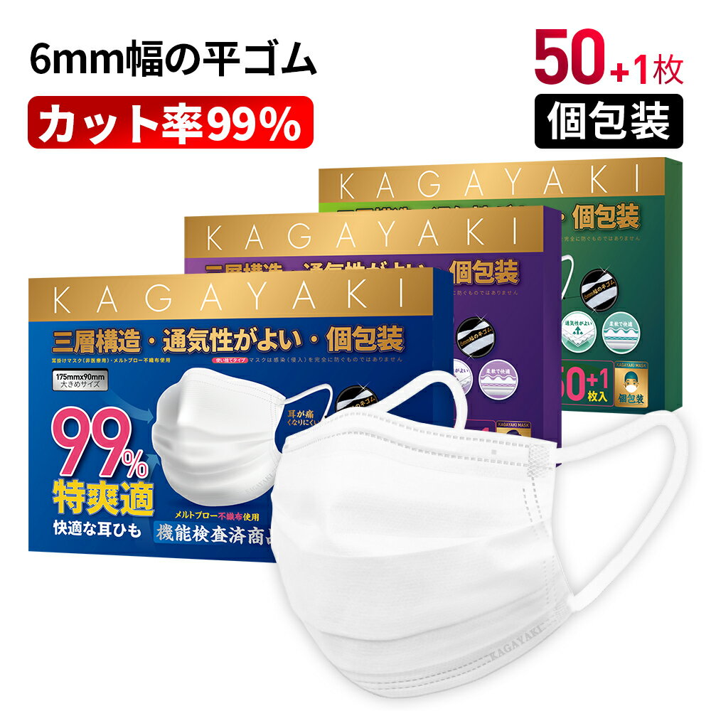 【翌日発送】KAGAYAKI不織布マスク マスク 50枚+1枚 175mm 165mm 145mm 個包装 使い捨て 大人用 男性用 女性用 マスクゴム プリーツ 送料無料 メルトブローン フィルター ほこり 花粉対策 飛沫防止 防護マスク