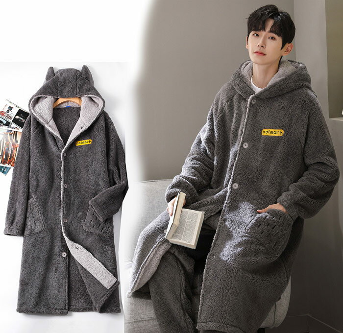 【サイズL/XL/2XL】メンズ パジャマ 冬 長袖 もこもこ ナイトガウン ルームウェア 寝巻き 暖かい 裏起毛 部屋着 お揃いペア 前開き