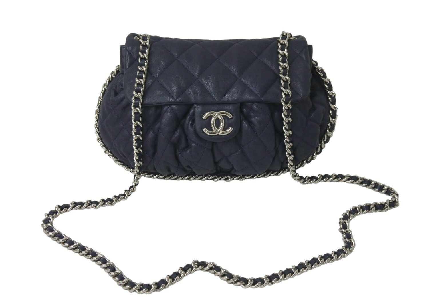 CHANEL シャネル <strong>マトラッセ</strong> チェーンアラウンド ショルダーバッグ 15番台 ラムスキン <strong>ネイビー</strong> シルバー 美品 中古 57416