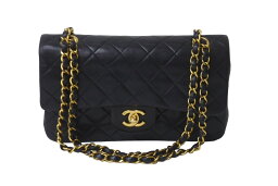 CHANEL シャネル Wフラップ <strong>マトラッセ</strong> チェーン ショルダーバッグ <strong>23cm</strong> 2番台 ラムスキン ブラック ゴールド金具 美品 中古 63127