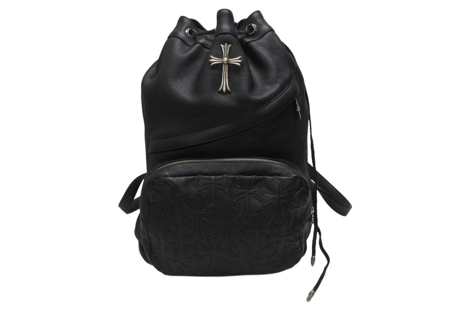 新品同様 CHROME HEARTS クロムハーツ STRANGE LOVE BAG リュック セメタリー クロスパッチ ラージクロス レザー ブラック 中古 4b006233