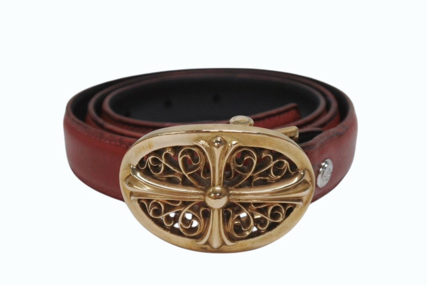 CHROME HEARTS クロムハーツ ベルト バックル クラシックオーバルクロス スモール ブロンズ レザー レッド サイズ34 美品 中古 4b006562
