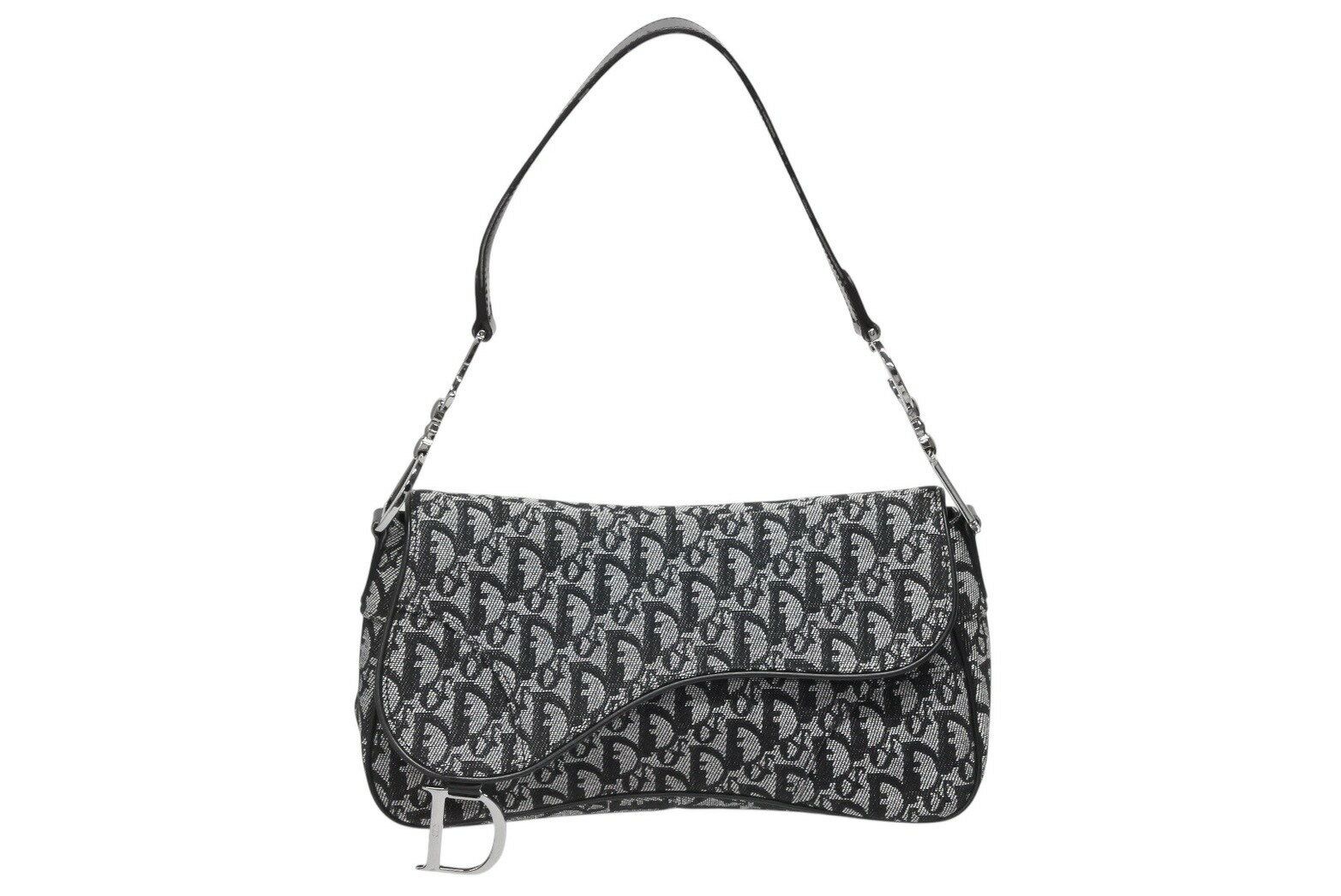 極美品 CHRISTIAN DIOR クリスチャンディオール トロッターライン サドルバッグ ワンショルダーバッグ ネイビー シルバー金具 中古 4b009094