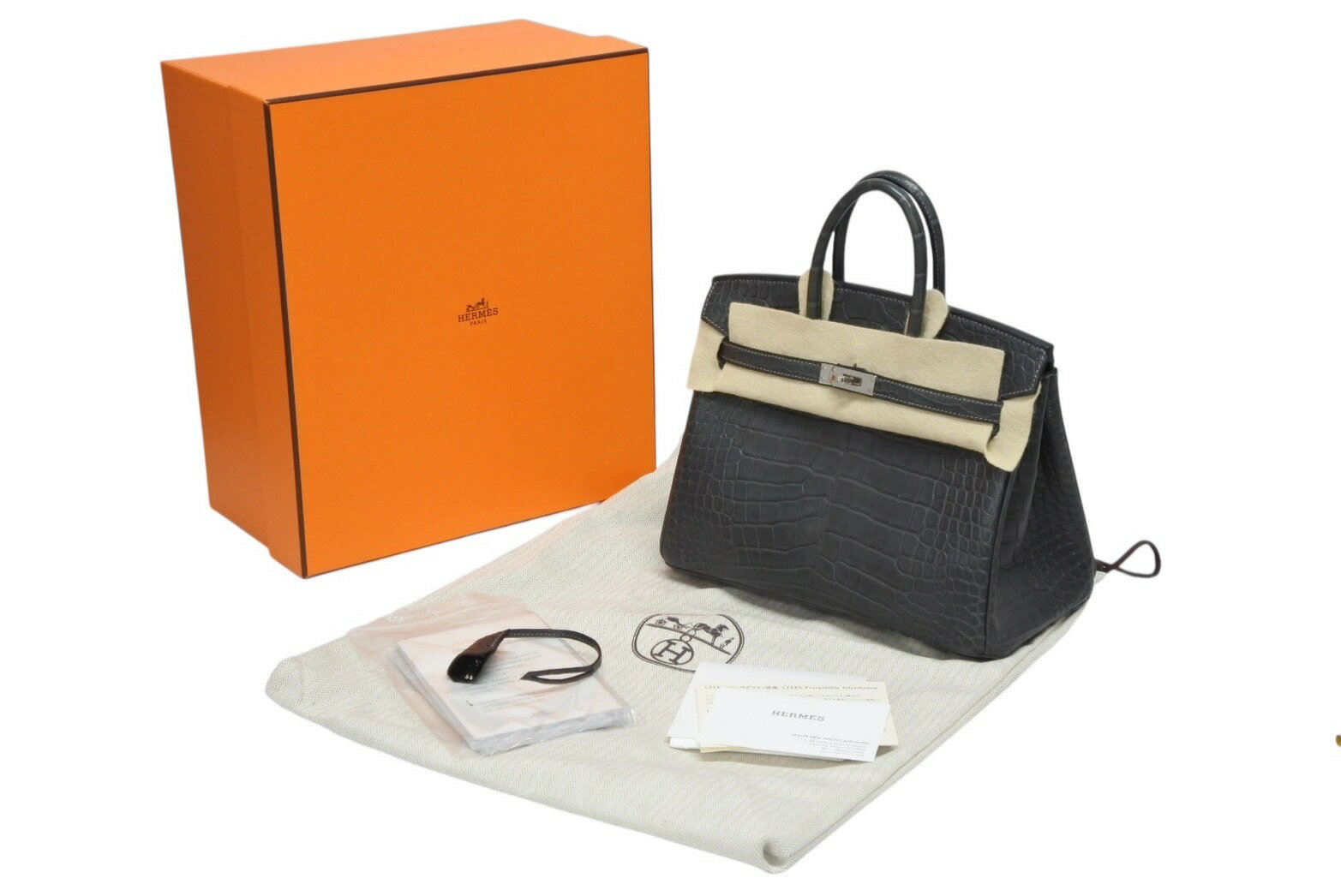 新品未使用 HERMES エルメス ハンドバッグ Y刻印 バーキン25 アリゲーターマット グラファイト シルバー金具 中古 4b009501