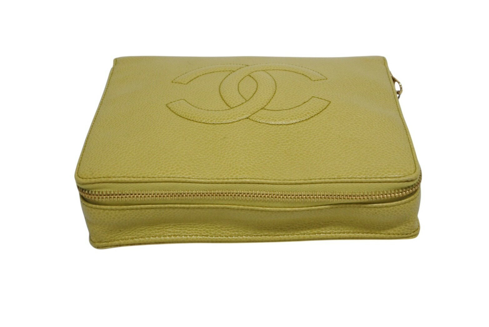 CHANEL シャネル ココマーク コスメポーチ 5番台 キャビアスキン マスタード ゴールド金具 極美品 中古 4b009133
