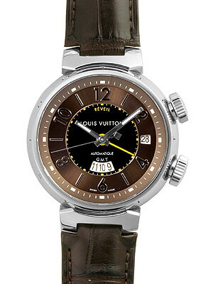 【中古】ルイヴィトン タンブールレヴェイユGMT Q1151 SS/ブラウンレザー メンズ 自動巻き 《機械式アラーム機能付き！》