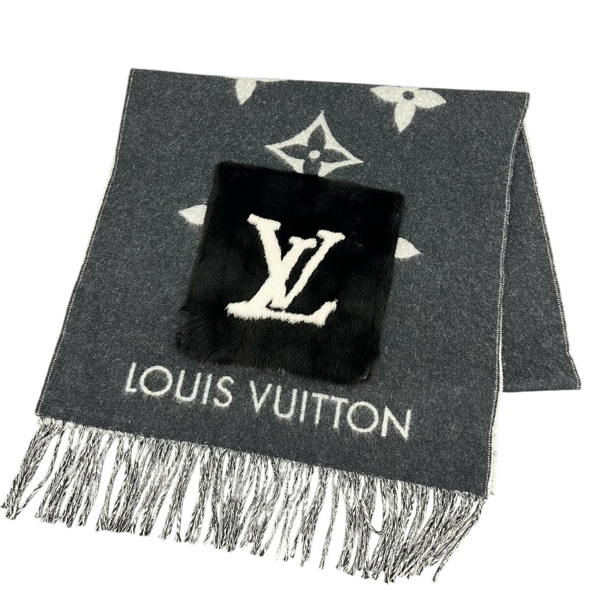 極美品 LOUIS VUITTON ルイ ヴィトン マフラー・コールド レイキャビック M74353 カシミヤ ミンク ファー ノワール AL1221 ブラック ホワイト ストール エシャルプ モノグラム ルイヴィトン Aランク 中古 鑑定済