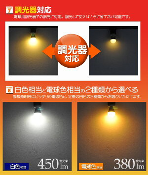 調光器対応ミニクリプトン形LED電球口金E17消費電力4.4W長寿命!小型電球白色相当:450lm/電球色相当:380lm(17mm17口金)ダウンライト、スポットライトにも