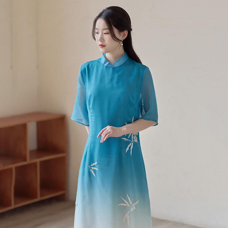 ワンピース レディース 女性用 春夏 半袖 レトロ チャイナ風 改良チャイナドレス 禅スタイル 茶道服 ダンスウェア シフォン ポリエステル 刺繍 ブルー 青