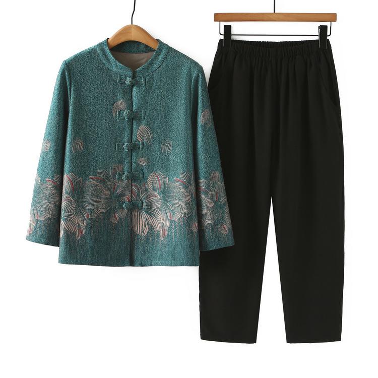 セットアップ ミセス シニア 女性用 春秋 チャイナボタン クルーネック カーディガン アウター 花柄 ゆったり リラックスフィット 薄手 カジュアル 上下セット