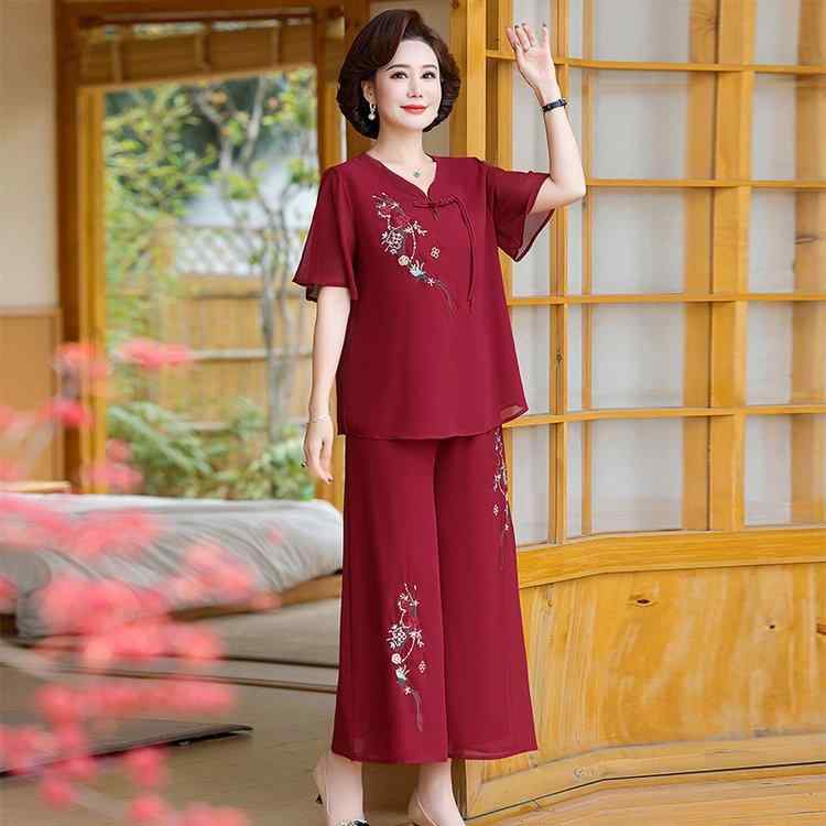 セットアップ レディース ママ ミセス シニア モダンチャイナ風 シフォン 半袖 ブラウス プルオーバー フォーマル エレガント 結婚式 披露宴 パーティー 春夏 ゆったり 上下セット ポリエステル 赤 ネイビー 紫