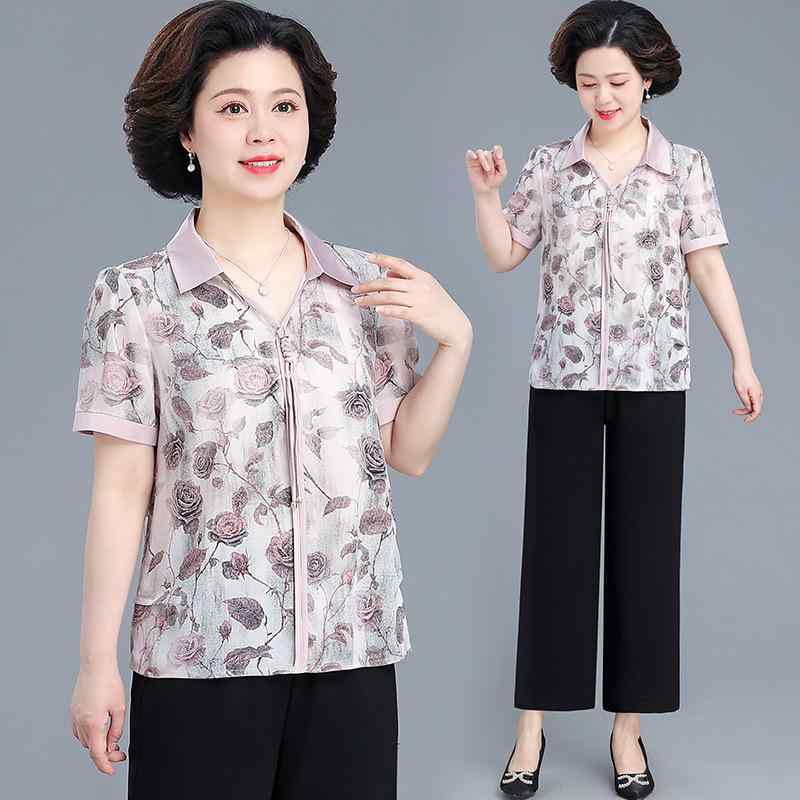 セットアップ 女性 ミセス 春夏 エレガント 上品 半袖 トップス ワイドパンツ プルオーバー ポリエステル 普段使い お出かけ ツーピース ブルー ピンク