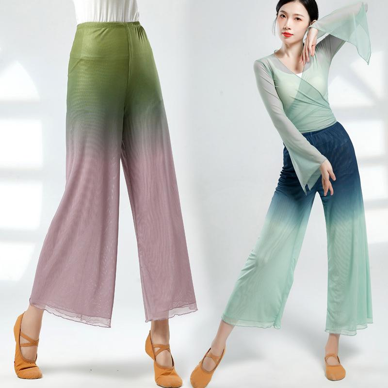ダンスパンツ レディース クラシックダンス 練習着 シアーメッシュ ワイドボトムス グラデーション チャイナ風 民族衣装 発表会 舞台衣装 ポリエステル ゆったり フレア グリーン ピンク ブラック