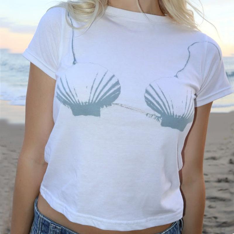 Tシャツ レディース 春夏 ビーチ リゾート カジュアル ストリート クルーネック 半袖 ショート丈 へそ出し プルオーバー セクシー スリムフィット シェル柄 ポリエステル ホワイト