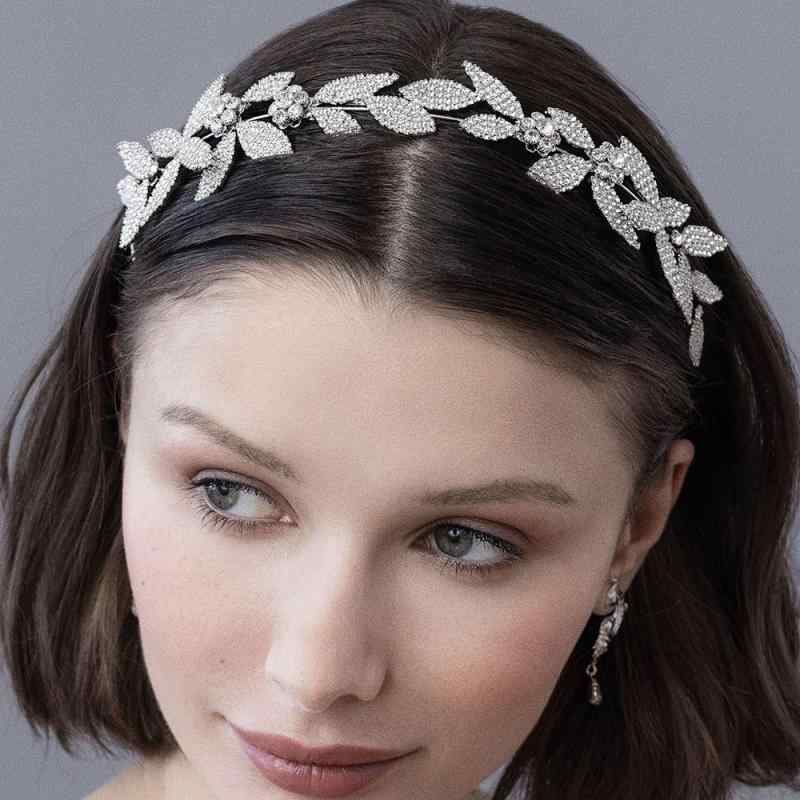 ヘアアクセサリー レディース 女性用 リーフモチーフ ラインストーン カチューシャ ヘッドバンド 高級感 エレガント 上品 ブライダル ウェディング パーティー 結婚式 発表会 シルバー 髪飾り