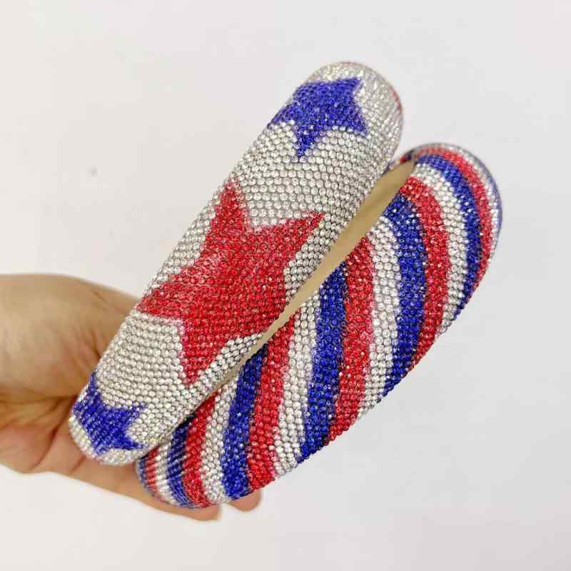 カチューシャ レディース 全面ラインストーン キラキラ 赤白青 トリコロール 星柄 高めヘッド クッション入り 太め 幅広 欧米風 おしゃれ 髪飾り ヘアバンド パーティー イベント お呼ばれ(x2)