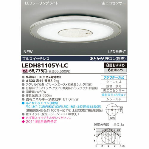 【送料・代引手数料無料】東芝ライテック E-CORE LEDシーリング ジャパニーズプレート 8畳 LEDH81105Y-LC