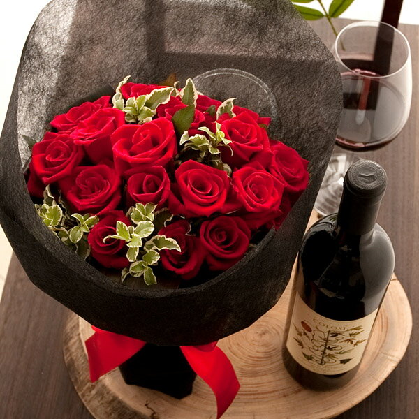 【送料無料】真紅のバラ花束と赤ワイン「コローシ・ネロ・ダーヴォラ」の特別セット【画像配信】webflora