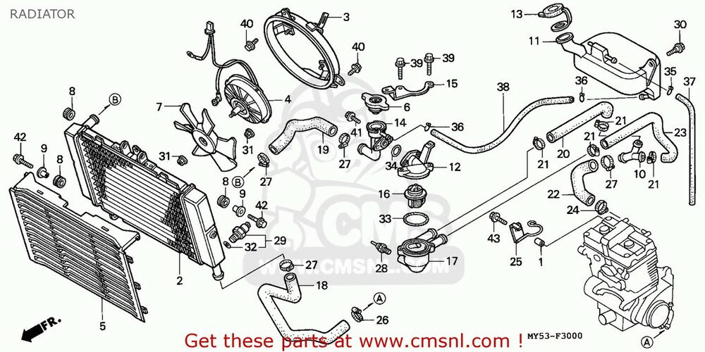 CMS シーエムエス RADIATOR COMP CB500 1994 R / KPH AUSTRIA ENGLAND MPH FRANCE GERMANY 27P 50P ITALY SPAIN SWITZERLAND 1996 T NORTHERN EUROPE PORTUGAL 1997 V 34P 1998 W 1999 X HONDA ホンダ ラジエーター 冷却関連 エンジン