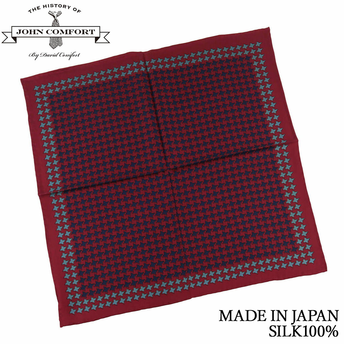 ジョンコンフォート ポケットチーフ 千鳥格子 プリント レッド シルク100% メンズ 日本製 ハンドメイド クリスマス