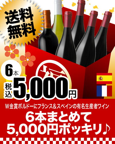 新春だけのスペシャル福袋！！W金賞ボルドーにフランス＆スペインの有名生産者ワインが6本まとめて5,000円ポッキリ♪（白1赤5本）（追加6本迄同梱可）（代引手数料・クール代別）［T］