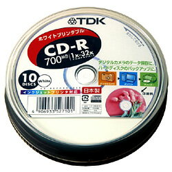 TDK CD-R80EW×10PS（ホワイト） （700MB・ポット・プリンタブル仕様・白色・32倍速）10枚組 1回書き込み用【140296】