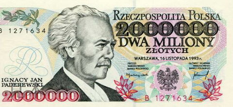 【超レア!!超インフレ紙幣】ポーランド 2000000 zlotych 作曲家/第3代首相イグナツィ・パデレフスキ 1993年
