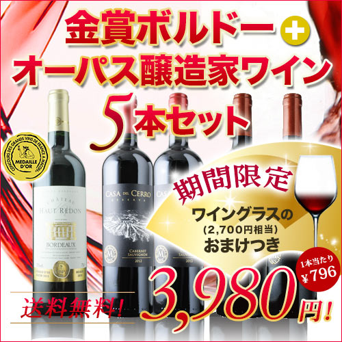 【送料無料！】金賞ボルドーとオーパス醸造家ワイン5本セット（750ml ワインセット）【smtb-T】【送料無料S】【ギフト・プレゼント対応可】【ソムリエ】【楽ギフ_のし】※クール便は別途200