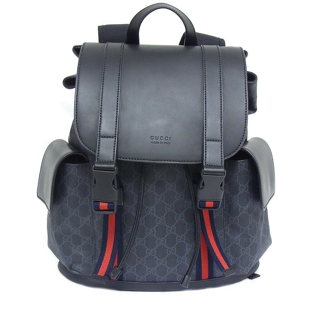 グッチ　GUCCI　495563GGスプリーム　リュックサック　バッグパック PVCxレザー　ブラック×グレー　デイパック【中古品】【程度A+】【極上美品】