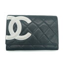 【中古】CHANEL シャネル カンボンライン ココマーク 二つ折り財布 レザー ブラック ピンク A26722 Y02116