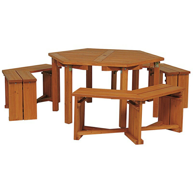 タカショー　ガーデンテーブルセット　「ウッディーガーデン六角テーブル＆ベンチセット」　≪テーブル1台＋ベンチ3脚≫　ナチュラルな木肌のテーブル4点セット♪