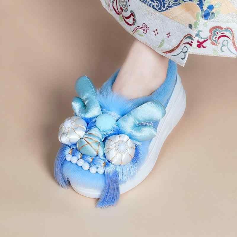 靴 レディース 厚底 秋冬 兎毛 ファー付き 民族風 手作り風shoes スニーカー 婦人靴 婦人用 ラウンドトゥ スリッポン ゴム底 カジュアル かわいい 歩きやすい 白 青 ピンク 黒