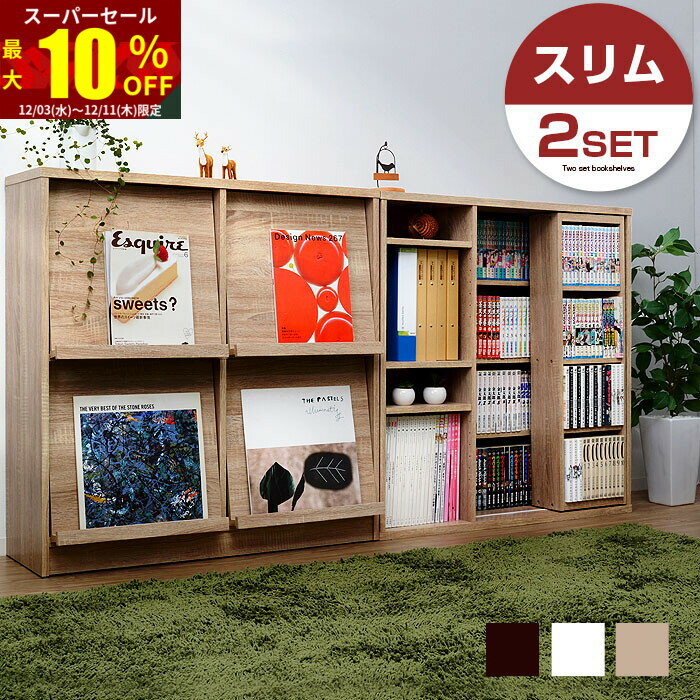 ★スーパーセール 最大10％OFF★扉付オシャレ本棚 フラップ扉×スライド 2個セット 隠す収納ディスプレイラック 省スペース 大容量 薄型スリム おしゃれキャビネット 木製ラック 収納棚 北欧チェスト 棚シェルフ 収納棚 マガジンラック絵本棚 スライド棚
