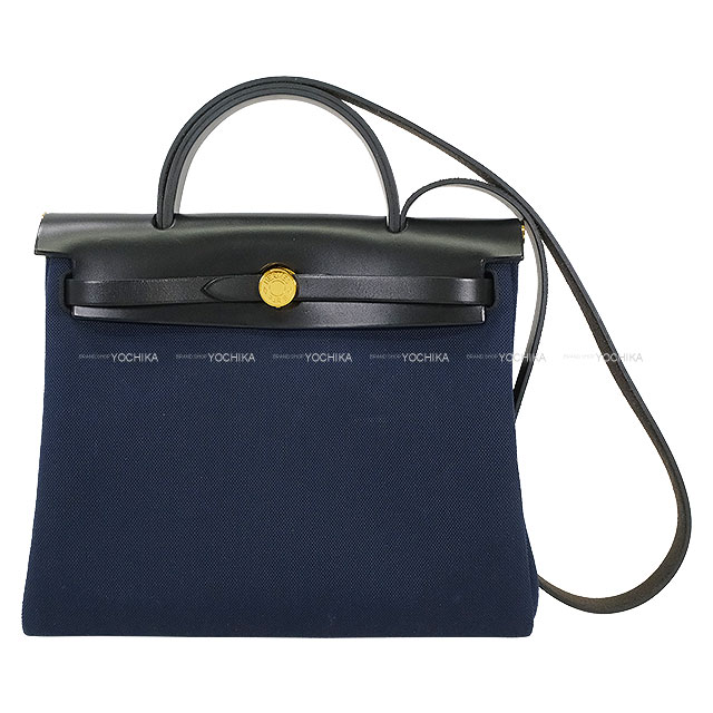 HERMES エルメス エールバッグジップ 31 PM ブルーマリン/黒 (ブラック) ヴァッシュハンター/トワルミリタリー ゴールド金具 ショルダーバッグ U刻印 新品同様【中古】([Pre-loved] HerBag Zip 31 PM Blue Marine/Noir (Black) Vache Hunter/Toile Militaire Gold HW)