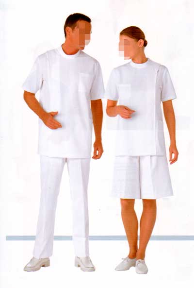 透けにくいニット素材使用女性ケーシー白衣　半袖／オフホワイト、サックス