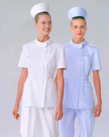 【送料無料】袖口と衿にパイピングのアクセント／女性用ナースウエア上衣／ホワイト(写真左)