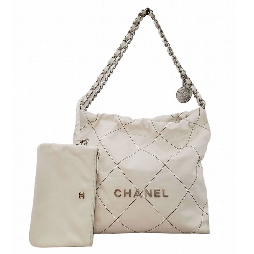シャネル CHANEL シャイニーカーフスキン CHANEL22 ハンドバッグ ホワイト/シルバー