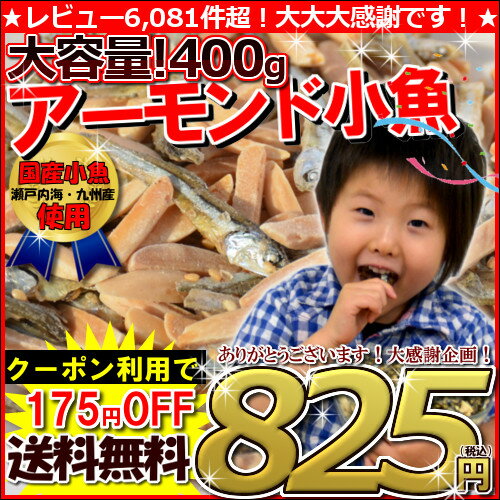 ★エントリーで最大ポイント10倍！★【クーポン利用で175円OFF！⇒送料無料825円】100g当たり207円!＜大容量！400gアーモンド小魚(国産小魚)＞楽天総合1位獲得！/アーモンドフィッシュ（味付ご