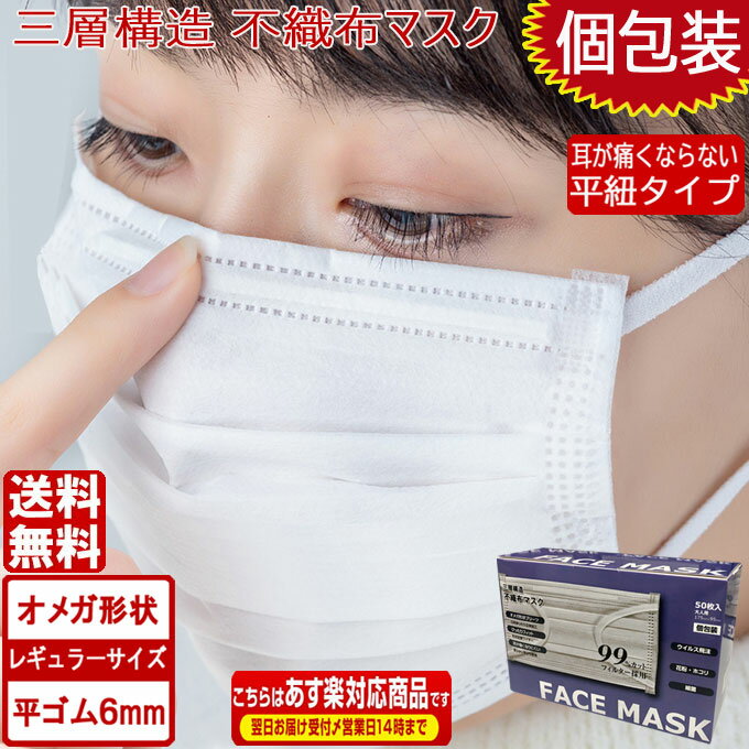 オメガデザイン 平ゴムマスク 在庫あり 即納 耳が痛くならない マスク 白 50枚 国内発送 ホワイト平紐 平ひも オメガ プリーツ 三層構造 防塵抗菌 使い捨て 男女兼用 レギュラーサイズ 3層保護 吊り耳 不織布マスク 花粉症対策 立体 折りたたみ 大人用 送料無料 あす楽