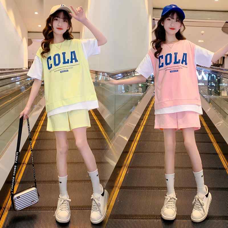 子供用セットアップ ガールズ 薄手 半袖 短パン スポーティ 2点セット かわいい パステルカラー アルファベットプリント 普段着 部屋着 120 130 140 150 160 170cm(x2)
