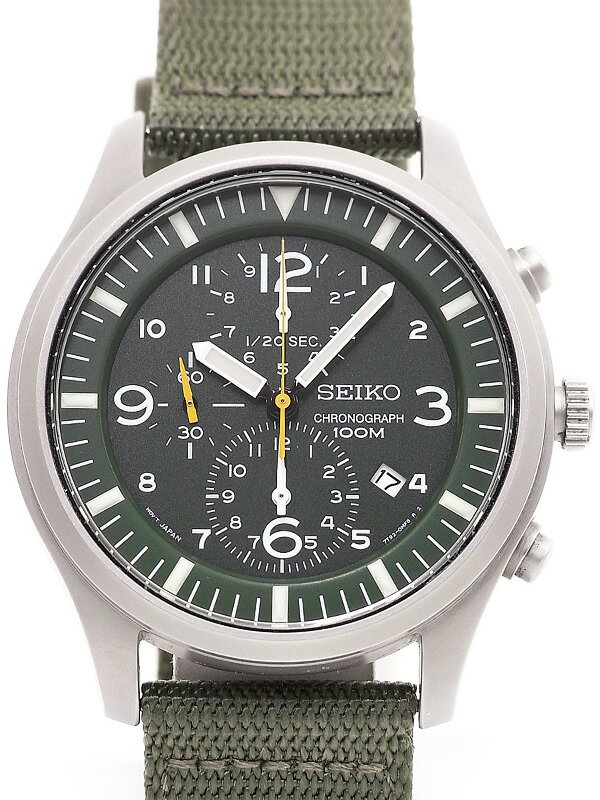 【SEIKO】セイコー メンズクロノグラフ腕時計 グリーンダイアル カーキナイロンメッシュベルト SNDA27P1