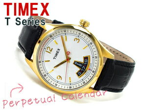 TIMEX T-Series メンズ パーペチュアルカレンダー 腕時計 ゴールド ホワイトダイアル ブラックレザーベルト T2N220